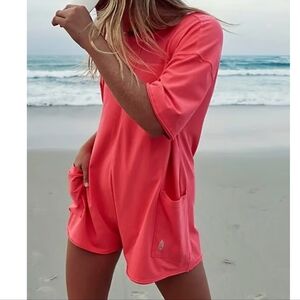 FP Movement Hot Shot Tee Romper Short Sleeved Deep V-Back Pink - Size Small